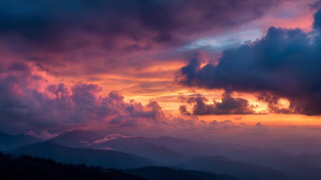 Spectacular mountain vista at dusk with vibrant cloud formations and dynamic colors