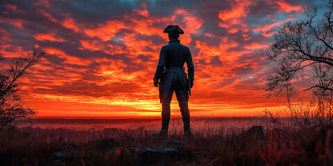 Obraz premium Silhouette of Minute Man Statue against vibrant sunset at historical site in the United States