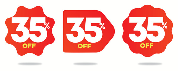 35% off. Price, sticker, discount,commerce, advertising, shape, shop. Value, sale, market, offer, business, day. Icon, vector, set, tag