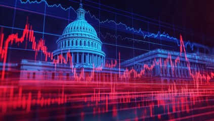 US Capitol Building overlaid with fluctuating stock market charts