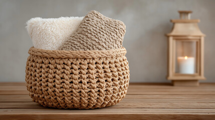 Fototapeta premium Cozy Home: A warm composition, with soft textures and calming atmosphere for a relaxing home spa experience. The scene showcases two folded towels placed inside a woven basket.