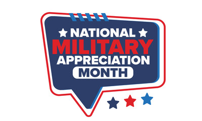 National Military Appreciation Month in May. Annual Armed Forces Celebration Month in United States. Poster, card, banner and background. Vector illustration