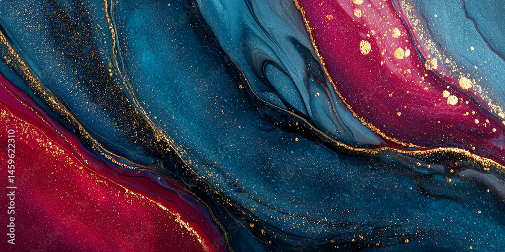 Poster abstract art featuring deep blue and crimson hues, interspersed with gold accents, creating a luxuri