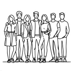 Group of friends, young guys and girls standing together hugging in minimalist outline style, vector one line outline