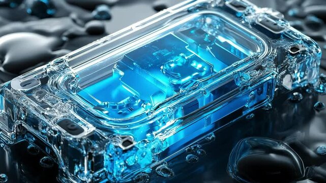 Close-up of a magnesium battery cell with a dendrite-free anode and glowing blue electrolyte, encased in transparent housing with water droplets, next-gen energy technology and cooling innovation.
