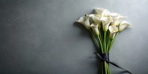 Elegant white calla lilies bouquet tied with a black ribbon on a gray background, offering a serene and peaceful image perfect for sympathy, remembrance, or minimalist design projects.