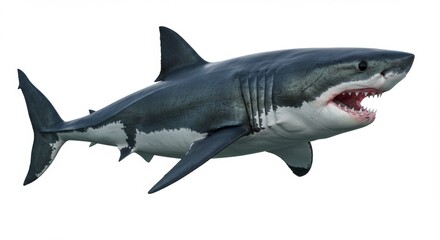 Majestic Great White Shark Swimming with Open Mouth Showing Sharp Teeth, a Predator of the Ocean Wildlife, Dangerous and Powerful, Isolated on White Background for Educational Purposes