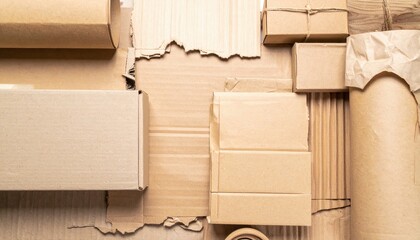 A disorganized pile of assorted cardboard boxes, crumpled paper, and miscellaneous items, showcasing various sizes and textures, in a cluttered space.