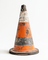 Weathered traffic cone, orange, white, and black bands.  Faded paint, showing age and wear