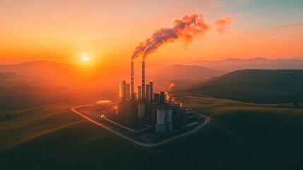Fototapeta premium Industrial plant at sunset aerial view smoke emissions