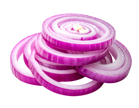 stack of fresh red onion rings with crisp texture, purple layers, kitchen ingredient on isolated background
