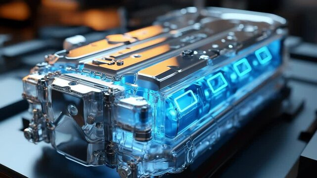 High-tech magnesium battery cell featuring a dendrite-free anode and vibrant blue electrolyte. Displayed in a precision lab environment, the unit next-gen energy storage with sleek, metallic casing