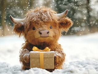 Cute fluffy Highland cow in snowy scene, holding a gift. Winter wonderland charm