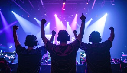 Crowd cheers as players celebrate their hard fought win at a lively gaming event.