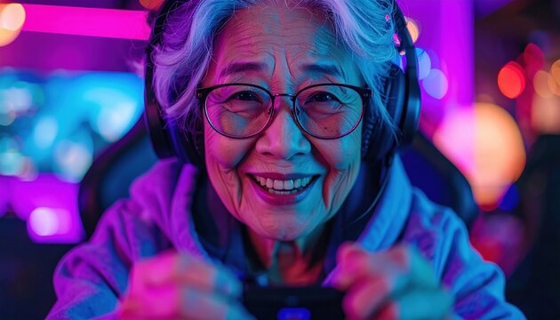 A cheerful older player immersed in competitive gaming, filled with bright lights and energy.