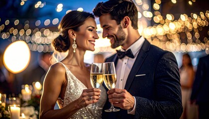 Glamorous couple dressed in formal evening wear raise champagne glasses, celebrating in a beautifully lit outdoor setting with sparkling lights. or themes of romance, elegance, and festive occasions.
