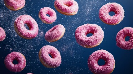 Vibrant Pink Glazed Donuts Floating in Sweet Delightful Tableau