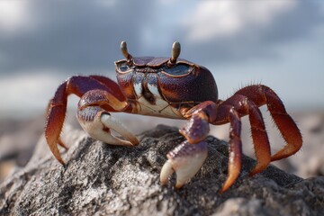 Close-up of a vibrant red crab on a rocky shore.