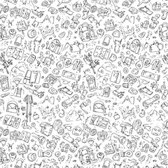 Vector white seamless doodle sketch pattern with objects for trekking and hiking. Suitable for textile, wallpaper and trekking brochures.
