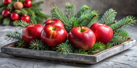 A festive arrangement of vibrant red apples nestled amongst lush evergreen boughs, artfully displayed in a rustic wooden tray.