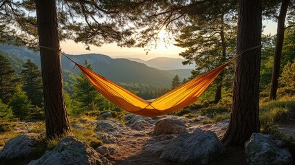 Camping hammock strung between alpine trees at golden hour, long shadows stretching across the valley below, sun-warmed rocks glowing amber