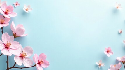 Fototapeta premium Delicate Pink Blossoms Frame a Soft Blue Background, Ideal for Springtime Designs and Greetings