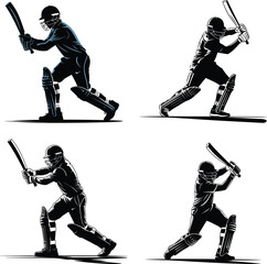 Set of Cricket Player Silhouette in Batting Swing – Full Body Vector Side View on White Background