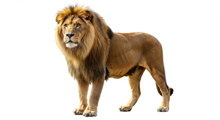 Obraz premium Majestic male lion standing proudly isolated on white background, showcasing its powerful physique and regal mane, perfect for wildlife and nature photography projects