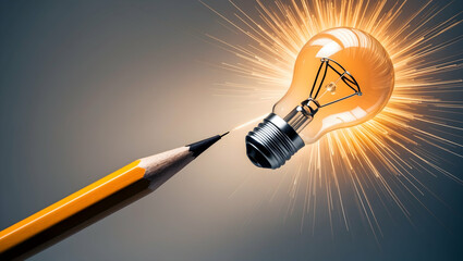 Conceptual illustration of a sharp pencil tip touching a glowing lightbulb, sparking an idea with bright light rays and energy. Represents innovation, creativity, brainstorming, inspiration, and findi
