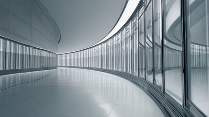 Modern architectural design showcases a sleek, curved corridor with reflective surfaces in an indoor space