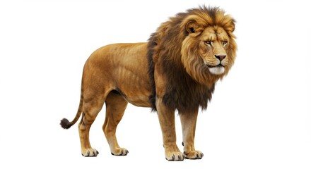 Obraz premium Majestic male lion standing tall with a golden mane, showcasing its power and elegance in a full body shot against a clean white background, perfect for wildlife and nature themes
