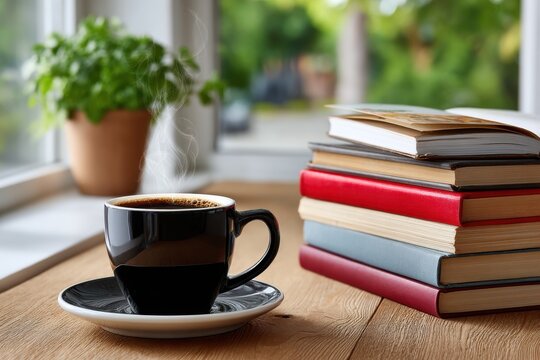 A steaming cup of coffee and a stack of books on a wooden table next to a window, creating a cozy atmosphere and inviting relaxation and intellectual stimulation.