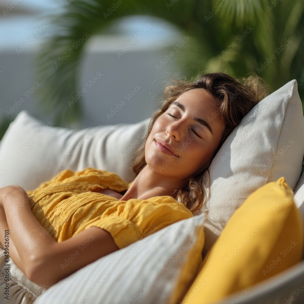 Aufkleber a woman with wavy hair is comfortably resting and sleeping on a soft sofa. the room is bright and ai