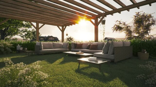 Cozy evening at home in the backyard. Backyard terrace at sunset. Backyard patio with outdoor furniture