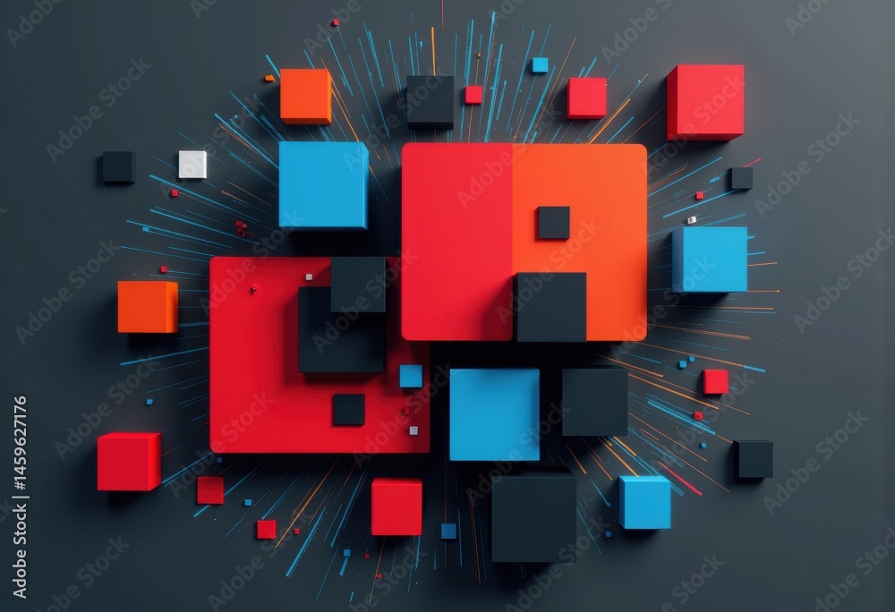 Poster colorful 3d cubes exploding in a dynamic arrangement on a dark background