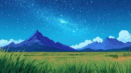 Starry night sky over green grass field and blue mountain landscape with clouds