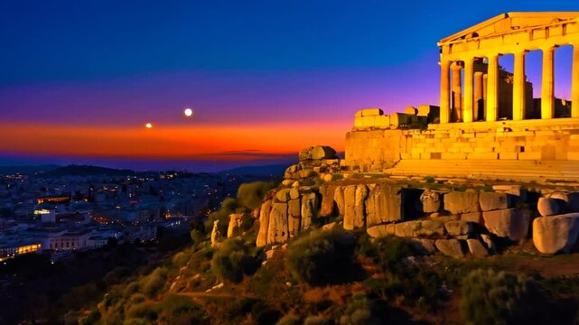 Athens cityscape overlooking illuminated temple of athena nike at twilight sky with moon