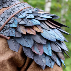 Obraz premium Feather armor with detailed layered metal feathers and floral patterns, crafted with artistic