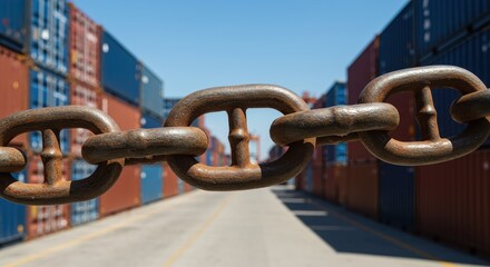Naklejka premium Rusty chain links in foreground, with stacked shipping containers and blue sky in soft focus background. Represents industry and global trade.