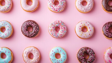 National Donut Day Celebration with Colorful Donuts on Pink Background
