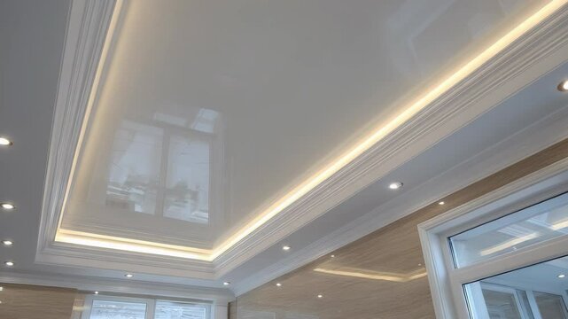 White glossy stretch ceiling with decorative molding and recessed lighting in a modern interior room design, architectural detail.