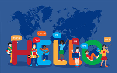 Group of happy smiling diverse kids near HELLO letters. African, chinese, japanese, korean girls and boys, friends with Hello in Thank you NURSES you are the heartbeat of healthcare color red circle_1 © Nataliia