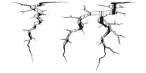 Obraz premium Ground cracks, fractures on land surface, earthquake breaks in perspective view. Vector of fissure in ground, crevices from disaster or drought isolated on white background