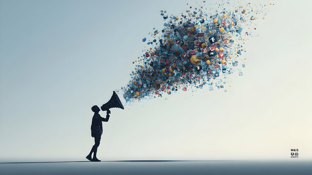 Amplifying voices a figure with a megaphone projecting a burst of social media icons, digital communication