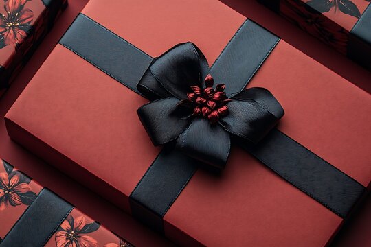 Red gift box with black ribbon and bow