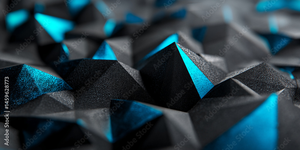 Poster Close-up of textured black pyramids with cyan accents, creating a sharp, geometric pattern.  Represents abstract technology, modern design, or digital art