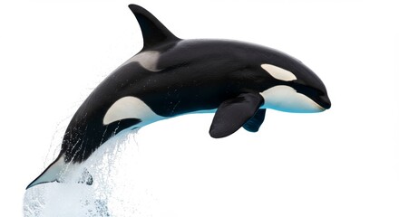 Fototapeta premium Majestic orca leaps powerfully from the water, a stunning display of marine life and wildlife in motion, showcasing its beauty and grace against a pristine white background
