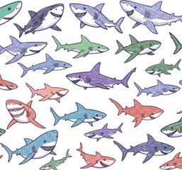 Vector white colourful cute shark pen sketch horizontal border pattern. Perfect for wall mural, posters or greeting cards.
