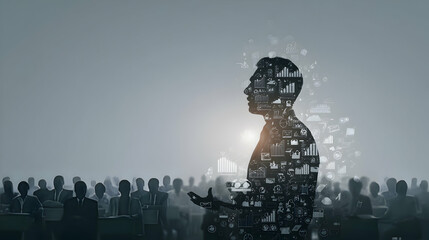 Visionary leader presenting data driven insights to an attentive audience generating collective value