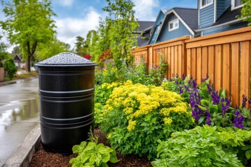 A close-up of a black rain barrel on a rainy day near a wooden fence and a garden with vibrant yellow and purple flowers, showcasing eco-friendly gardening practices.